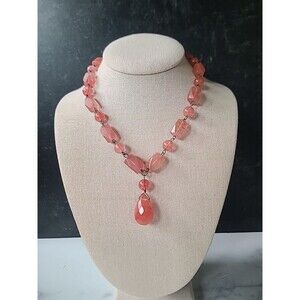 925 Sterling Silver Pink Glass Pendant Beaded Necklace Vintage